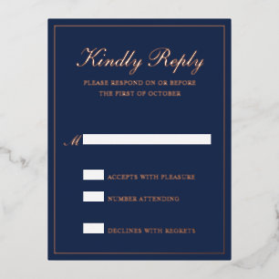Blue Rose Gold Foil Formal Wedding RSVP Card Folie Einladungspostkarte