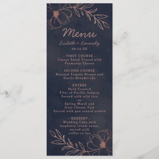 Blue & Rose Gold Forelle Border Dinner Menükarte (Vorderseite)