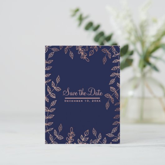 Blue & Rose Gold Glam Botanisch Save the Date Ankündigungspostkarte (Stehend Vorderseite)