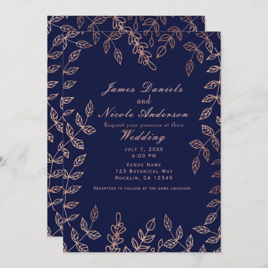 Blue & Rose Gold Glam Botanische Hochzeit Einladung (Vorne/Hinten)