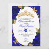 Blue Rose Gold Glitzer Butterfly Quinceñera Einladung (Vorderseite)