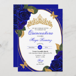 Blue Rose Gold Glitzer Butterfly Quinceñera Einladung