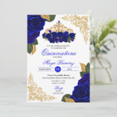 Blue Rose Gold Glitzer Frames Tiara Quinceañera Einladung (Stehend Vorderseite)