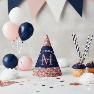 Blue Rose Gold Glitzer Monogram Birthday Partyhütchen