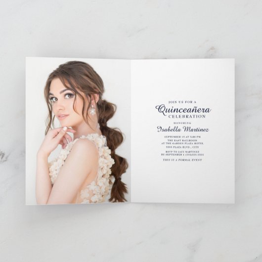 Blue Rose Gold Glitzer Quinceñera Foto Einladung (Innenseite)