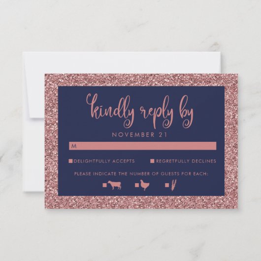 Blue Rose Gold Glitzer Sparkle Wedding RSVP Karte (Rückseite)