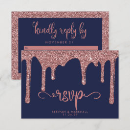 Blue Rose Gold Glitzer Sparkle Wedding RSVP Karte
