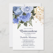 Blue Rose Gold Glitzer String Lights Quinceñera Einladung (Vorderseite)