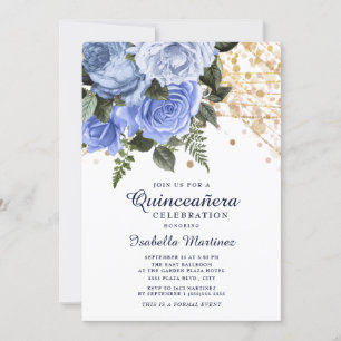 Blue Rose Gold Glitzer String Lights Quinceñera Einladung