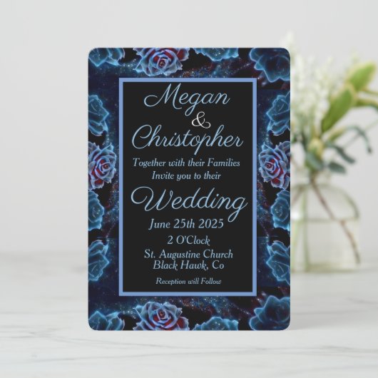 Blue Rose Gold Leaf Night Sky Wedding Einladung (Stehend Vorderseite)