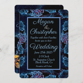 Blue Rose Gold Leaf Night Sky Wedding Einladung
