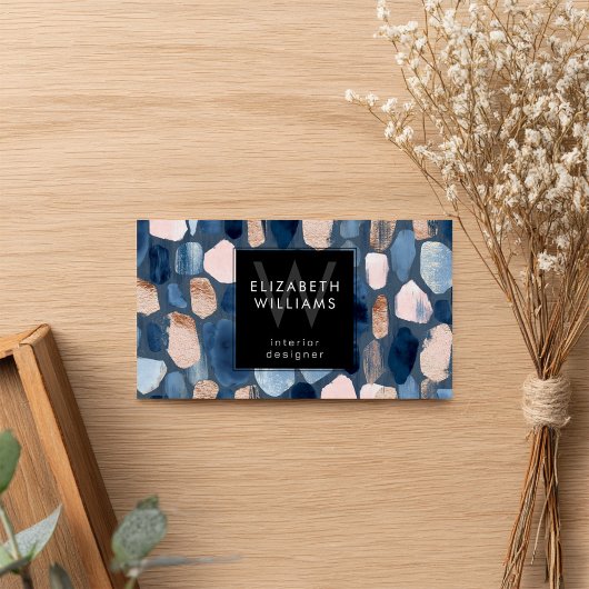 Blue Rose Gold Monogram Modern Business Card