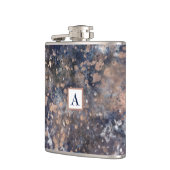 Blue & Rose Gold Paint Spritzer Abstrakter Glamour Flachmann (Links)