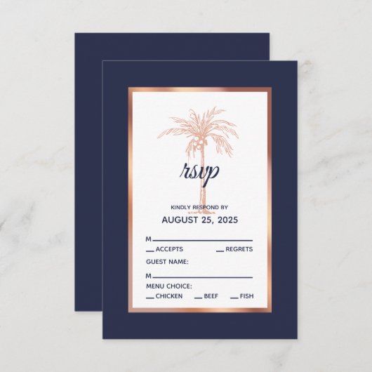 Blue Rose Gold Palm Tree Beach Hochzeit RSVP Karte (Vorne/Hinten)
