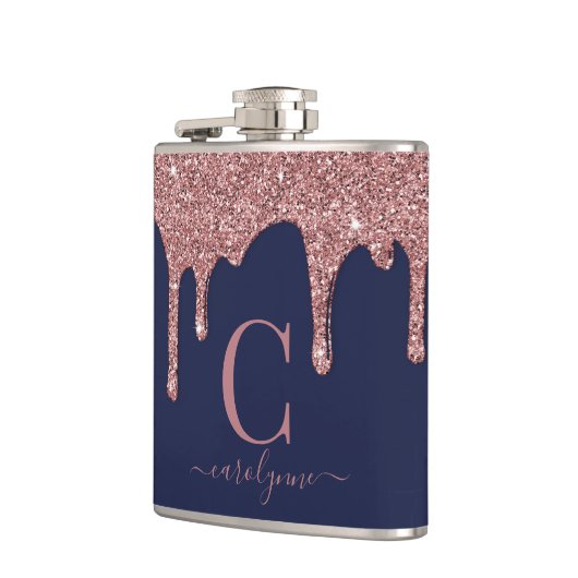 Blue Rose Gold Sparkle Glitzer Tropfen Monogram Flachmann (Links)