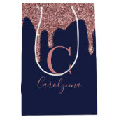 Blue Rose Gold Sparkle Glitzer Tropfen Monogram Mittlere Geschenktüte (Vorderseite)