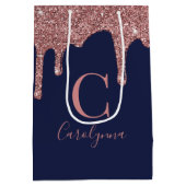 Blue Rose Gold Sparkle Glitzer Tropfen Monogram Mittlere Geschenktüte (Rückseite)