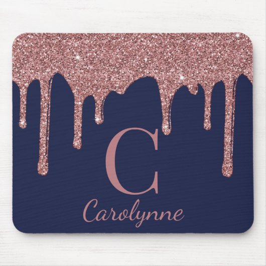 Blue Rose Gold Sparkle Glitzer Tropfen Monogram Mousepad (Vorne)