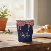 Blue Rose Gold Sparkle Glitzer Tropfen Monogram Pappbecher