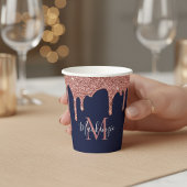 Blue Rose Gold Sparkle Glitzer Tropfen Monogram Pappbecher