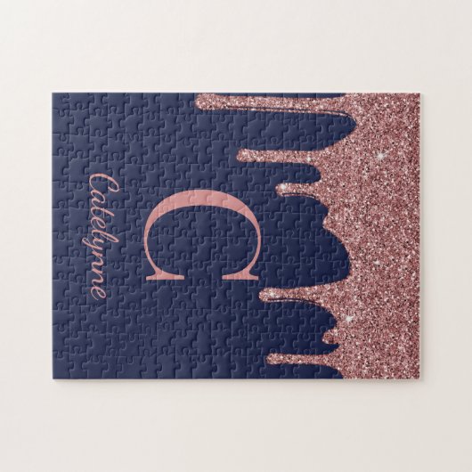 Blue Rose Gold Sparkle Glitzer Tropfen Monogram Puzzle (Horizontal)