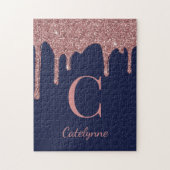 Blue Rose Gold Sparkle Glitzer Tropfen Monogram Puzzle (Vertikal)