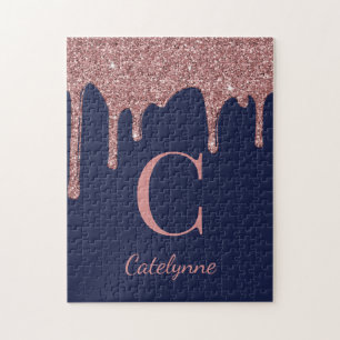 Blue Rose Gold Sparkle Glitzer Tropfen Monogram Puzzle