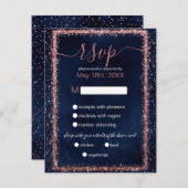 Blue Rose Gold Sprinkled Confetti Wedding RSVP Karte (Vorne/Hinten)