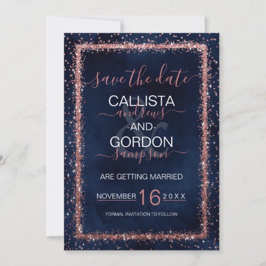 Blue Rose Gold Sprinkled Confetti Wedding Save The Date (Vorderseite)