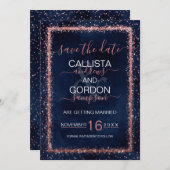 Blue Rose Gold Sprinkled Confetti Wedding Save The Date (Vorne/Hinten)