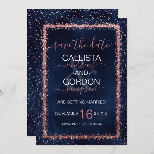 Blue Rose Gold Sprinkled Confetti Wedding Save The Date (Vorne/Hinten)