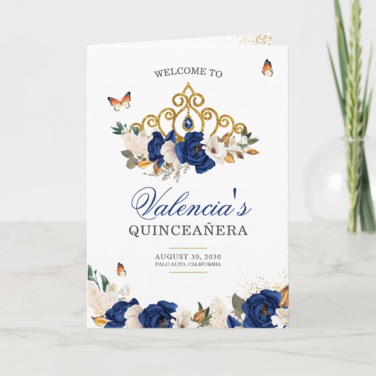 Blue Rose Gold Tiara Butterfly Quinceanera Programm (Vorderseite)