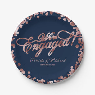 Blue Rose Gold Wir sind verlobt Verlobungsfeier Pappteller