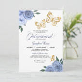 Blue Rose Golden Butterfly Quinceñera Geburtstag Einladung (Stehend Vorderseite)