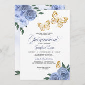 Blue Rose Golden Butterfly Quinceñera Geburtstag Einladung (Vorne/Hinten)