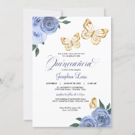 Blue Rose Golden Butterfly Quinceñera Geburtstag Einladung