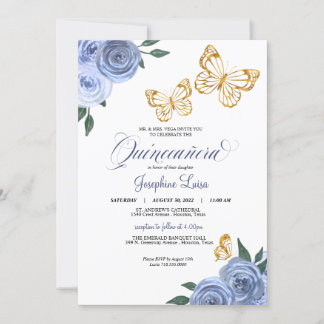 Blue Rose Golden Butterfly Quinceñera Geburtstag Einladung