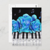 Blue Rose Piano Tastatur und Musiknoten Postkarte (Vorne/Hinten)