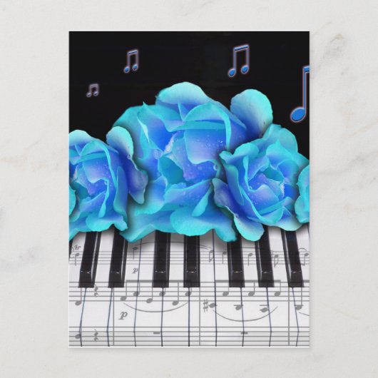 Blue Rose Piano Tastatur und Musiknoten Postkarte (Vorderseite)