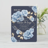 Blue Rose Quinceañera Einladung (Stehend Vorderseite)