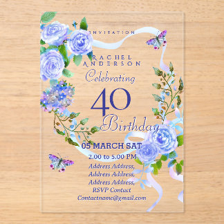 Blue Rose Ribbon 40th  Birthday Invitation Acryleinladungen