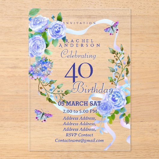 Blue Rose Ribbon 40th  Birthday Invitation Acryleinladungen (Vorderseite)