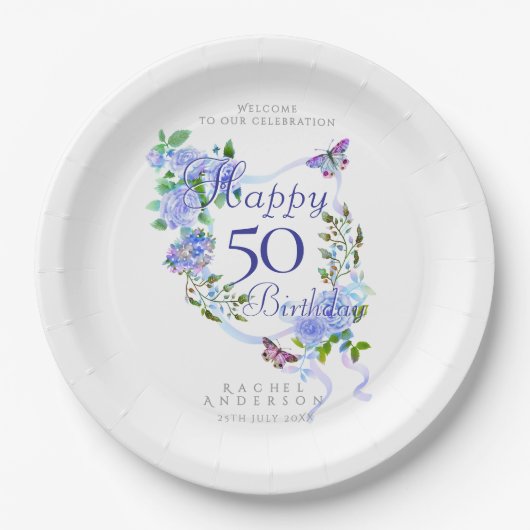 Blue Rose Ribbon 50th Birthday Pappteller (Vorderseite)