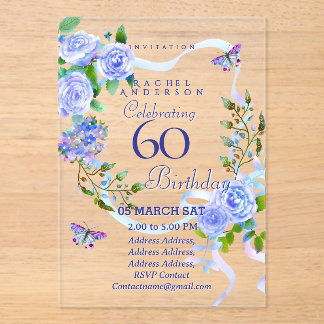 Blue Rose Ribbon 60th  Birthday Invitation Acryleinladungen