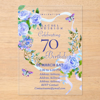 Blue Rose Ribbon 70th  Birthday Invitation Acryleinladungen