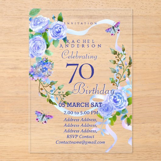 Blue Rose Ribbon 70th  Birthday Invitation Acryleinladungen (Vorderseite)