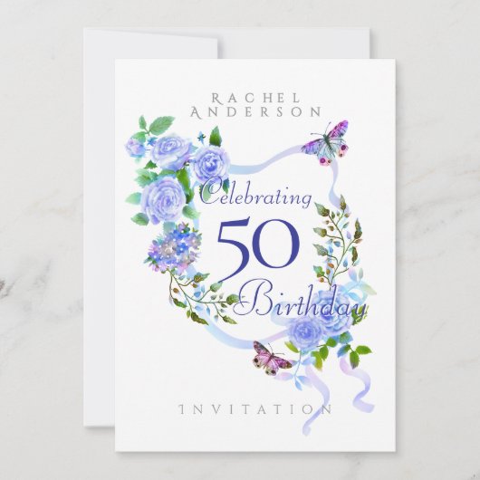 Blue Rose Ribbon Geburtstag Einladung (Vorderseite)