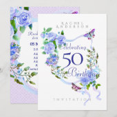 Blue Rose Ribbon Geburtstag Einladung (Vorne/Hinten)