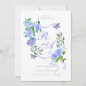Blue Rose Ribbon Monogram Wedding Invitation Einladung (Vorderseite)