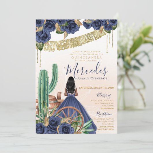 Blue Rose Rustikaler Western Charro Quinceanera Einladung (Stehend Vorderseite)